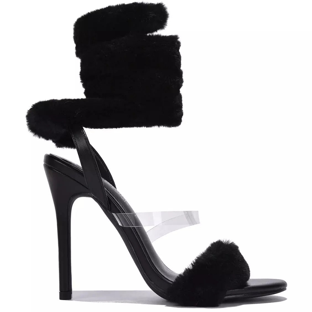 Black wrap around fuzzy faux fur, open toe heels.